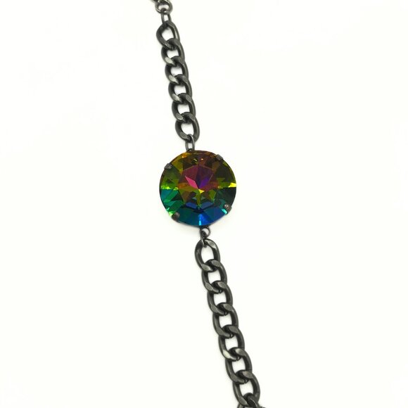 Handcrafted Large Rainbow Swarovski Crystal Dark Silver Chunky Chain Bracelet - Picture 8 of 13